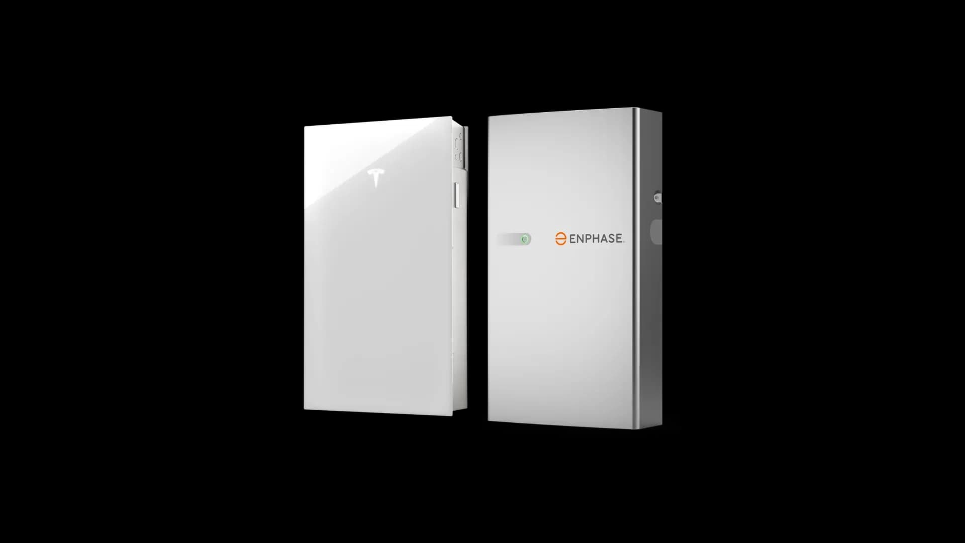 Two sleek, rectangular battery storage units are displayed side by side against a black background. The left one is white; the right one is silver with the label "ENPHASE."