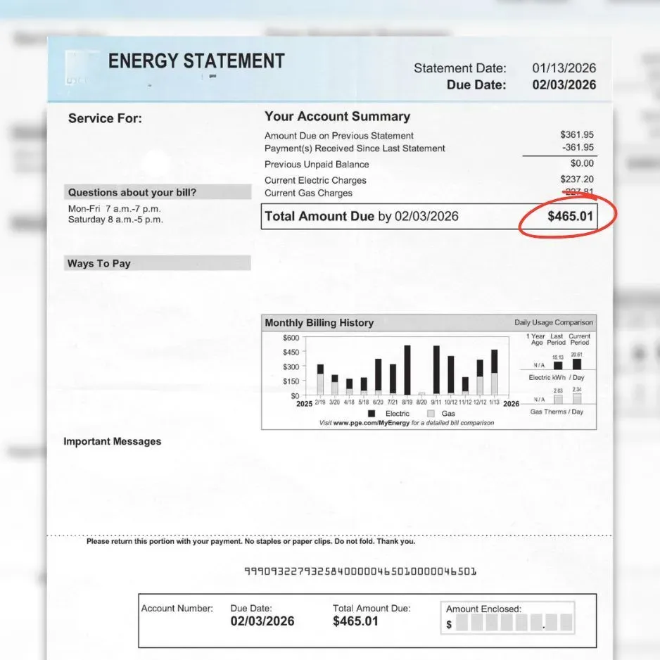 Energy statement showing a total amount due of $465.01 circled in red. Includes account summary, payment details, billing history graph, and due date 02/03/2026.