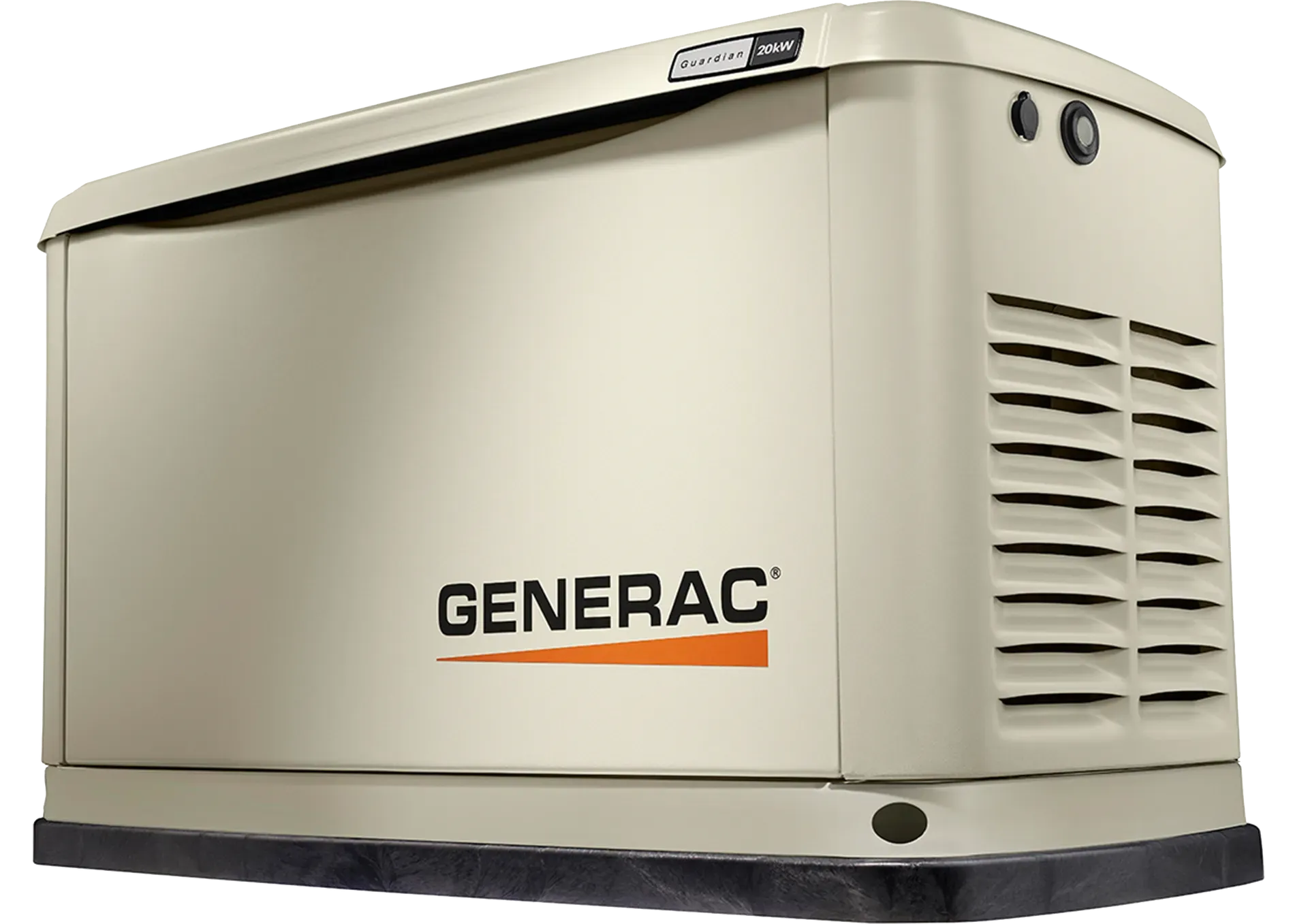 A beige Generac generator with grill vents and brand logo, showcasing a sleek, modern design. It conveys reliability and power. Black background.