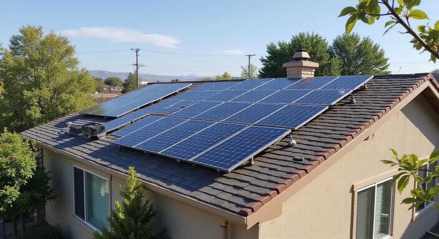 Rooftop solar panels on a house, surrounded by trees and a clear sky, convey a sense of sustainability and efficient energy use.