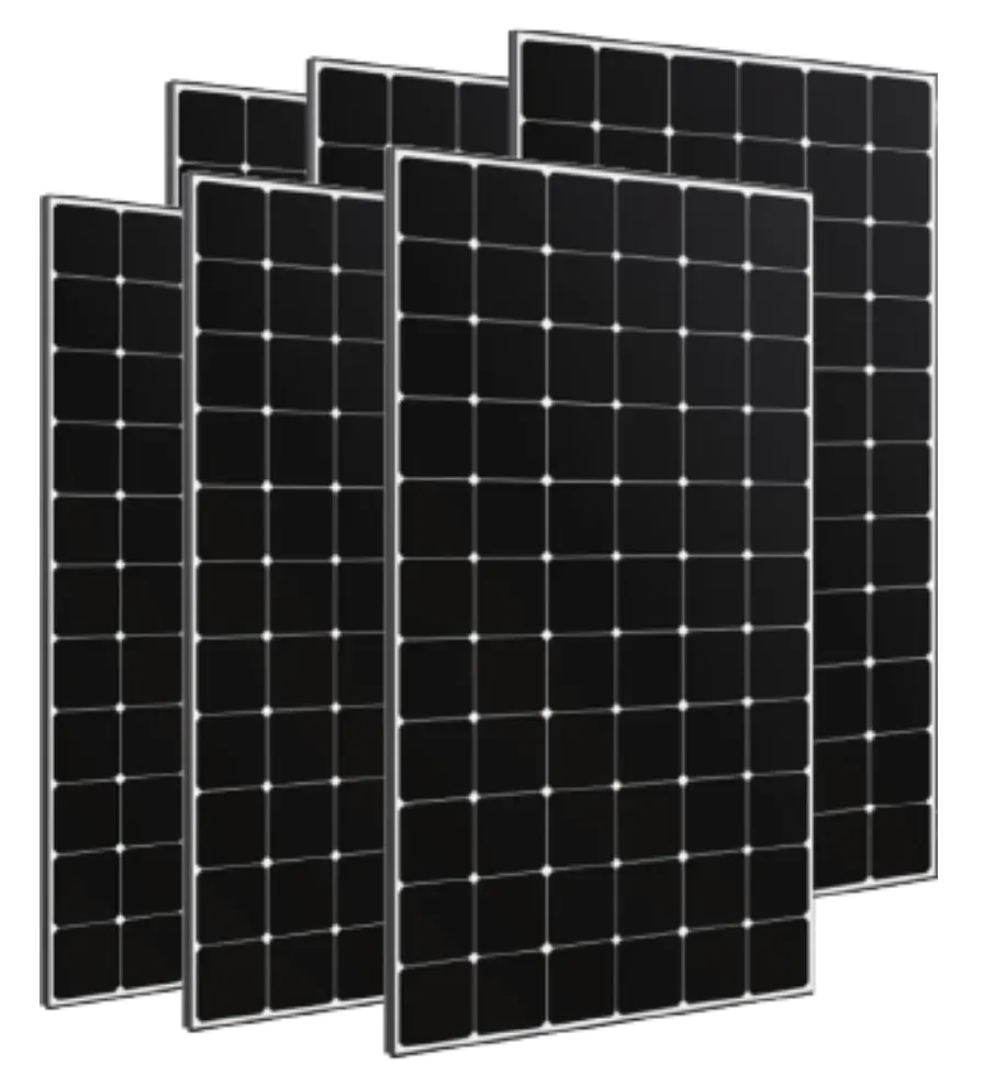 Multiple black solar panels with a grid pattern, aligned in rows on a black background. They appear efficient and modern, conveying sustainability.