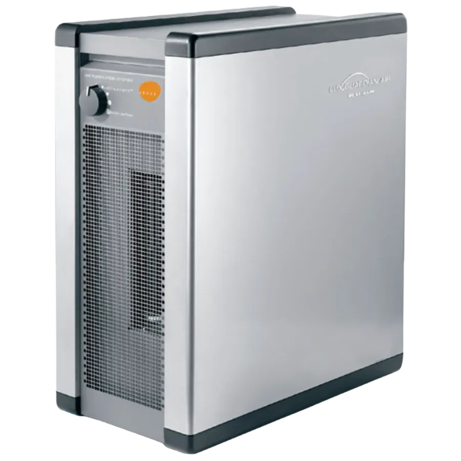 Sleek silver air purifier with black accents and a control knob on the front, featuring a perforated grille. Modern and minimalist design.