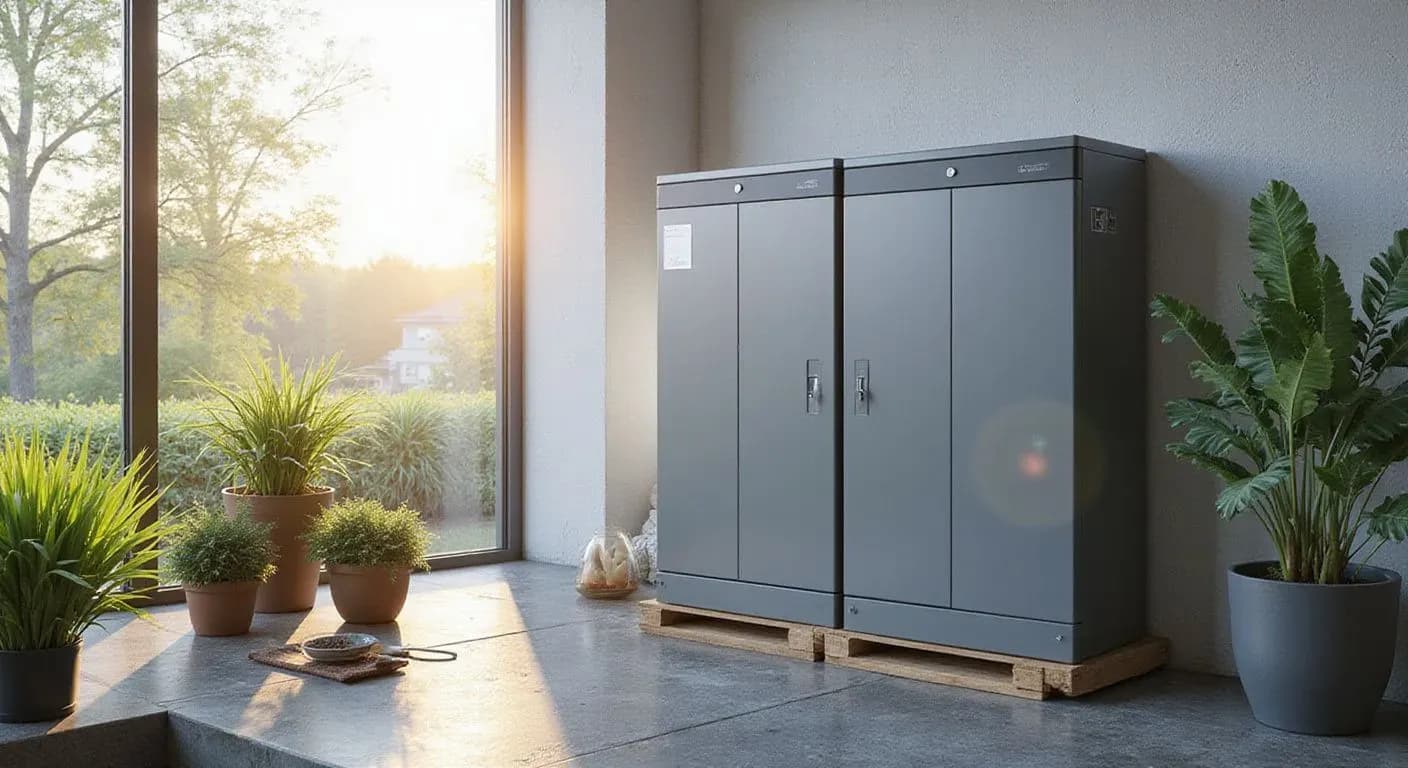 A sunlit room with large windows features a grey metal cabinet on wooden pallets. Potted plants surround it, creating a serene and natural atmosphere.