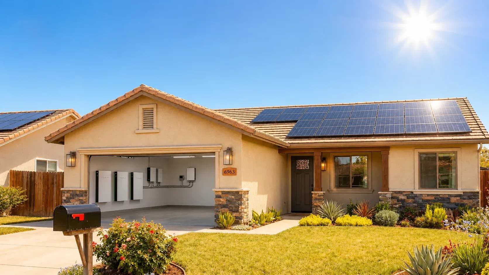 A modern suburban house under bright sunlight, featuring solar panels on the roof and an open garage showcasing energy storage units. The garden is green and well-kept.