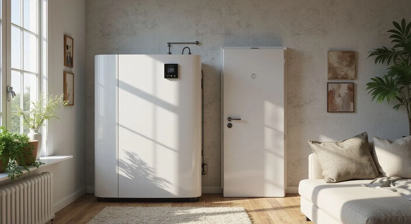 Bright room with modern white heat pump and storage unit beside a cozy beige sofa. Plants on windowsill, soft sunlight, and minimal decor create a calm ambiance.