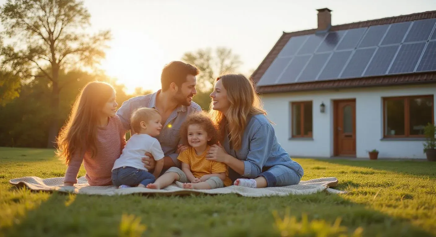 A happy family with two children and a toddler sits on a blanket, smiling in a sunlit yard. A house with solar panels is in the background.