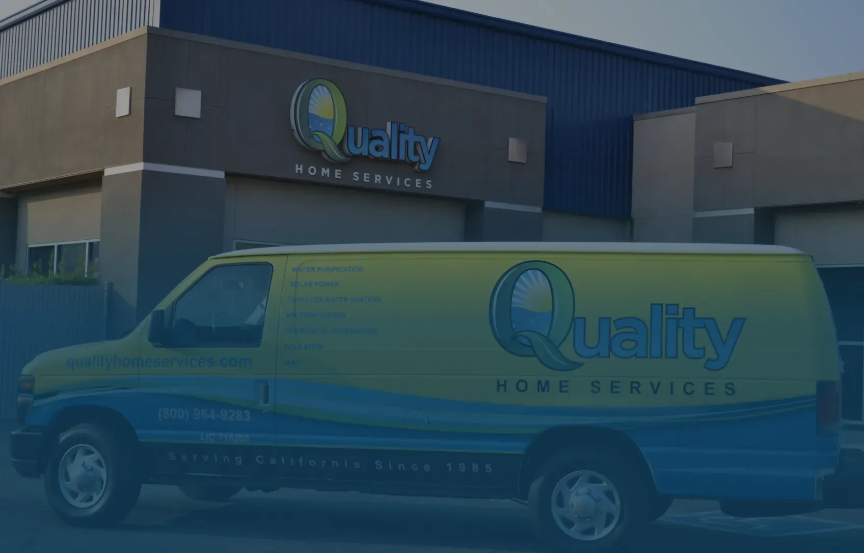 A yellow and blue van with "Quality Home Services" branding is parked in front of a commercial building with a matching sign. The mood is professional.