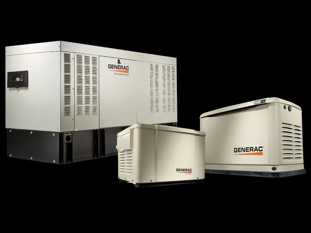 Three cream-colored Generac generators of varying sizes are displayed against a black background, showcasing industrial design and power equipment.