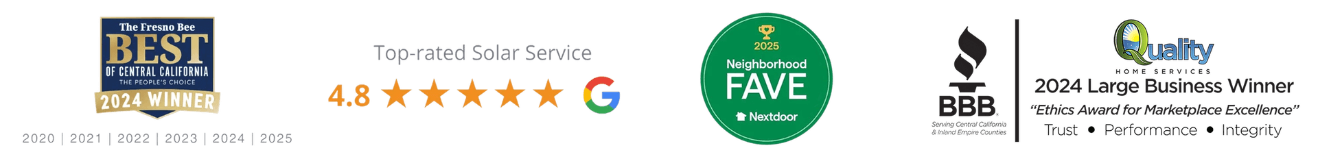 Awards banner showcasing several accolades: 2024 Best of Central California winner, 4.8-star Google rating, Neighborhood Fave 2023, BBB, and 2024 Large Business Winner.