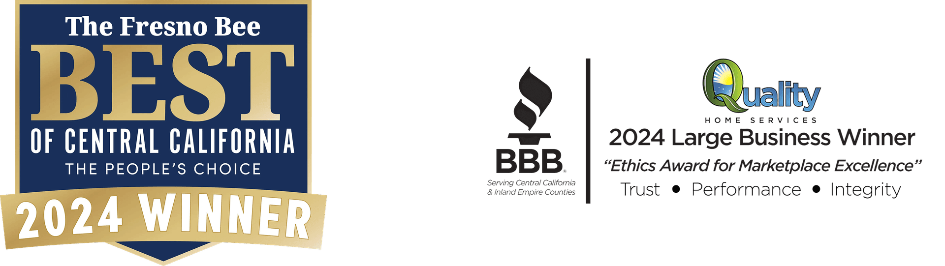 Alt text: "The Fresno Bee Best of Central California 2024 Winner badge on the left and Quality Home Services 2024 Large Business Winner logo on the right."