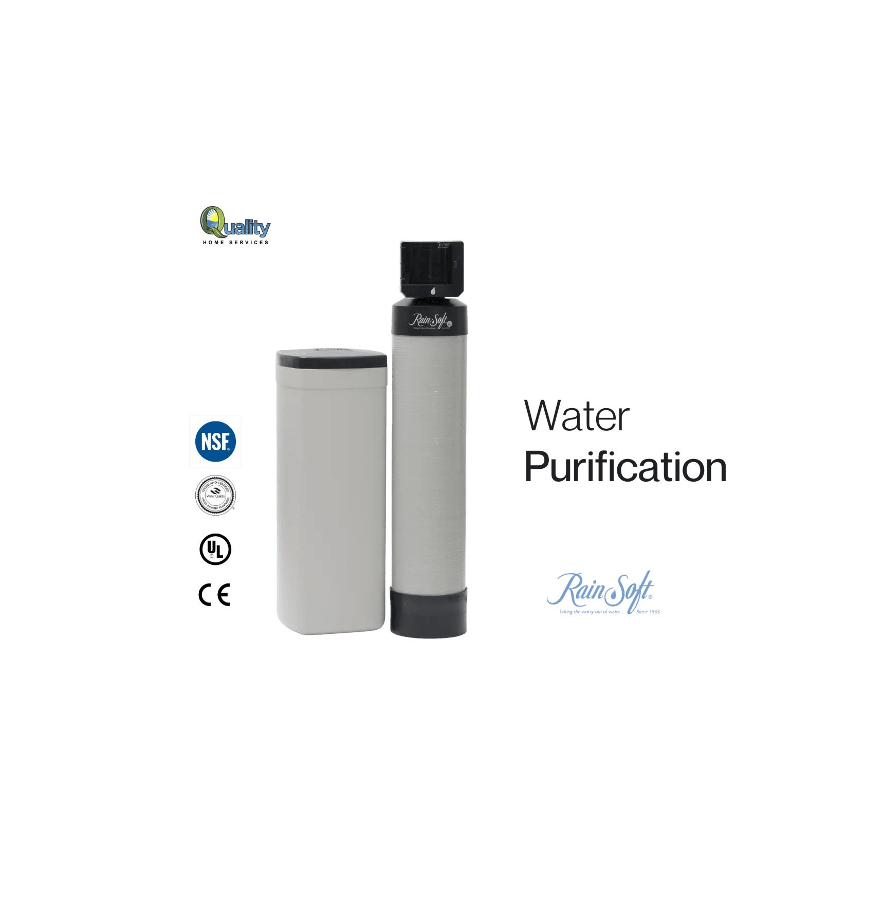 Gray water purification system with two units, NSF certification logos, "Quality" text, and "RainSoft" branding on a black background.