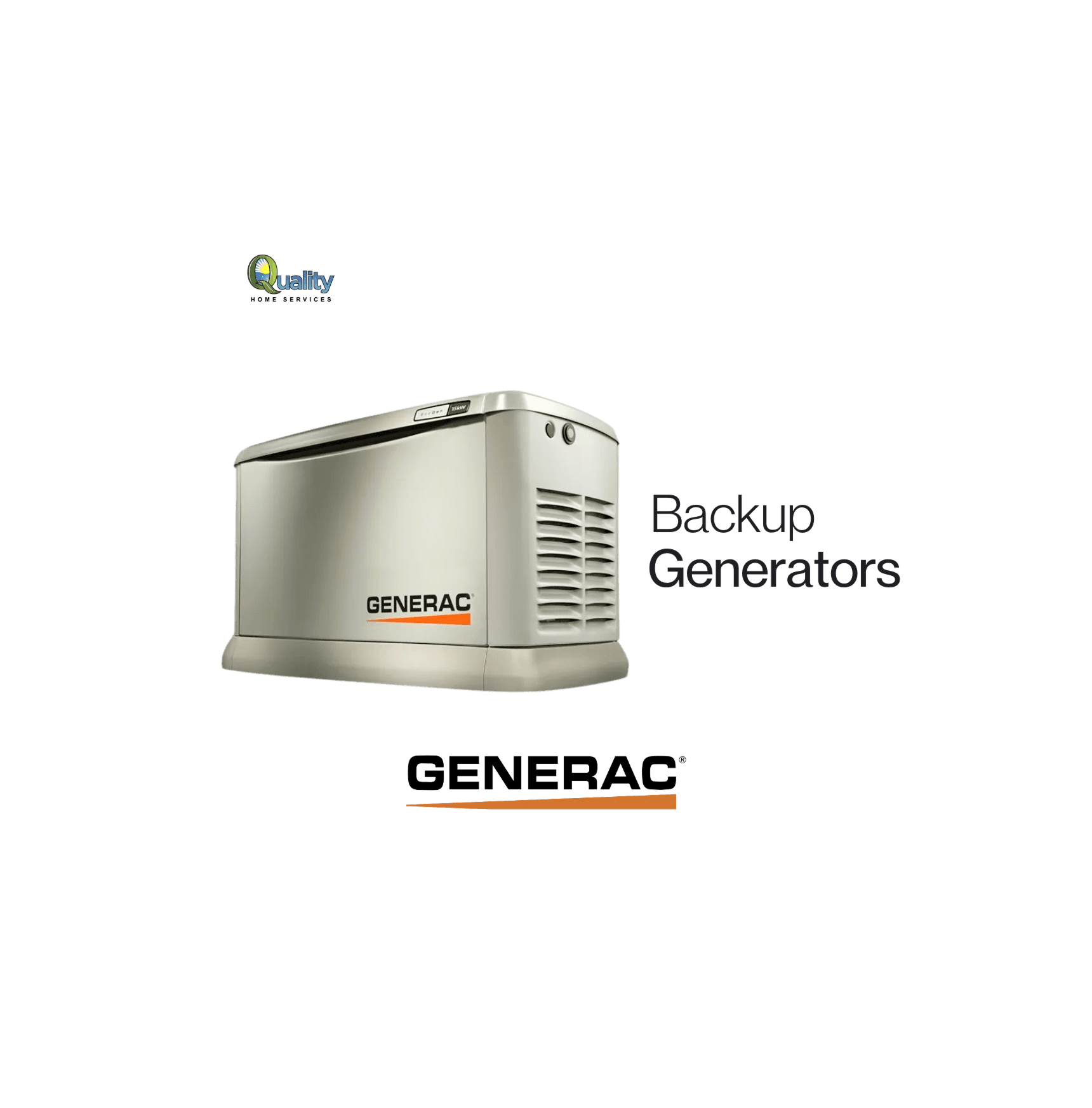 Silver Generac backup generator on a black background. "Backup Generators" text is on the right, with a small "Quality" logo at the top left.