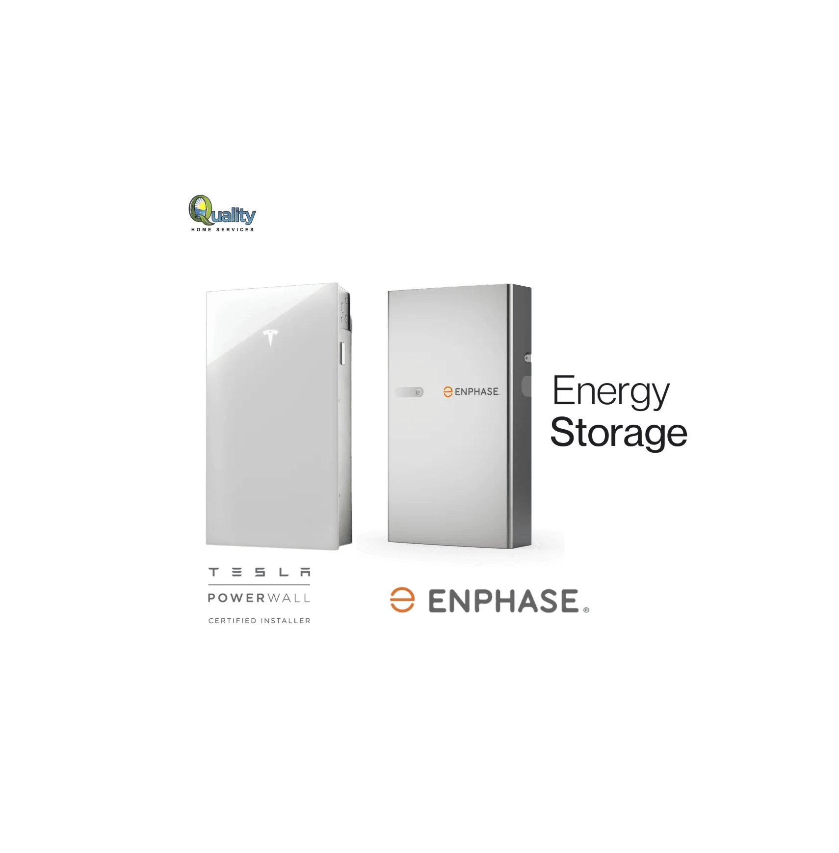 Two sleek energy storage units are displayed against a black background. The left is a Tesla Powerwall with a logo, and the right is an Enphase unit.