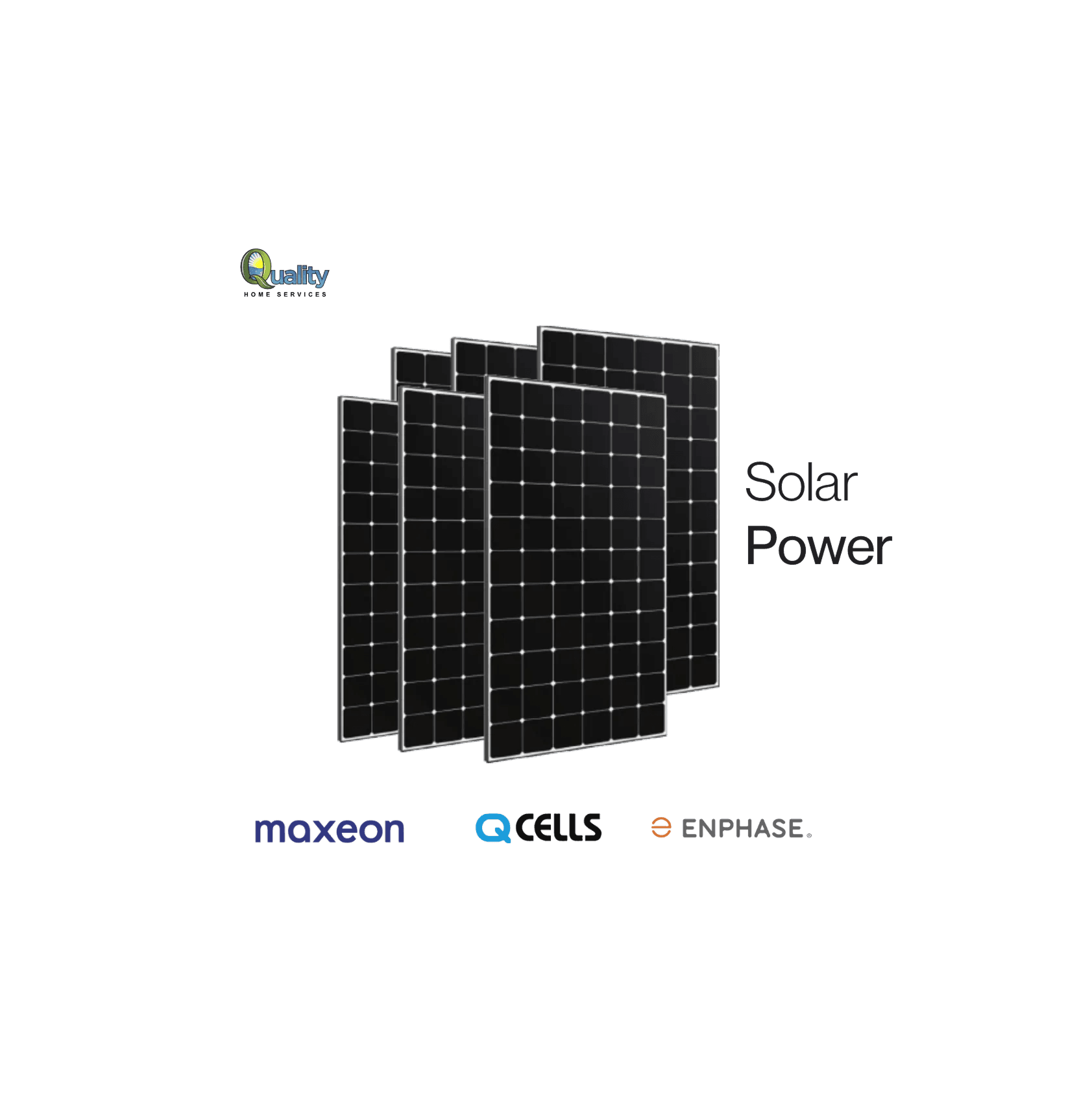 Array of black solar panels on a dark background with logos "maxeon," "Q CELLS," and "ENPHASE." The words "Solar Power" appear on the right.
