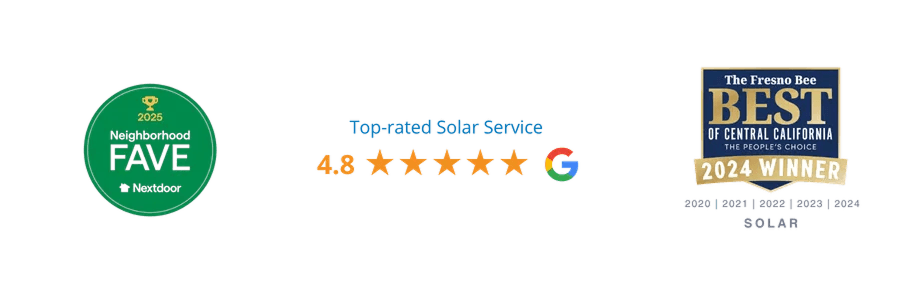 Green "Neighborhood Fave 2025" badge, 4.8-star Google rating, and "Best of Central California 2024 Winner" seal on black background signify excellence in solar services.
