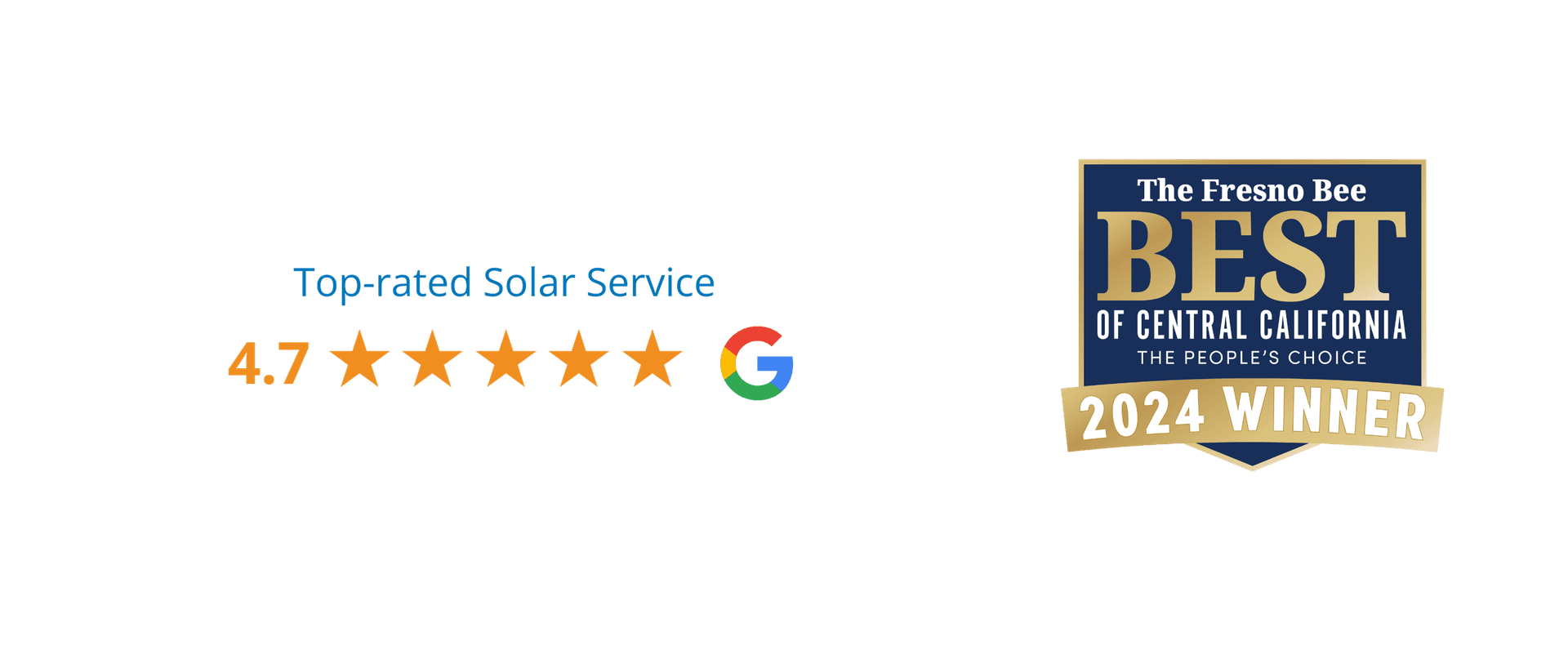 "Image features 'Top-rated Solar Service' text with a 4.7-star Google rating and 'The Fresno Bee Best of Central California 2024 Winner' badge on a black background."