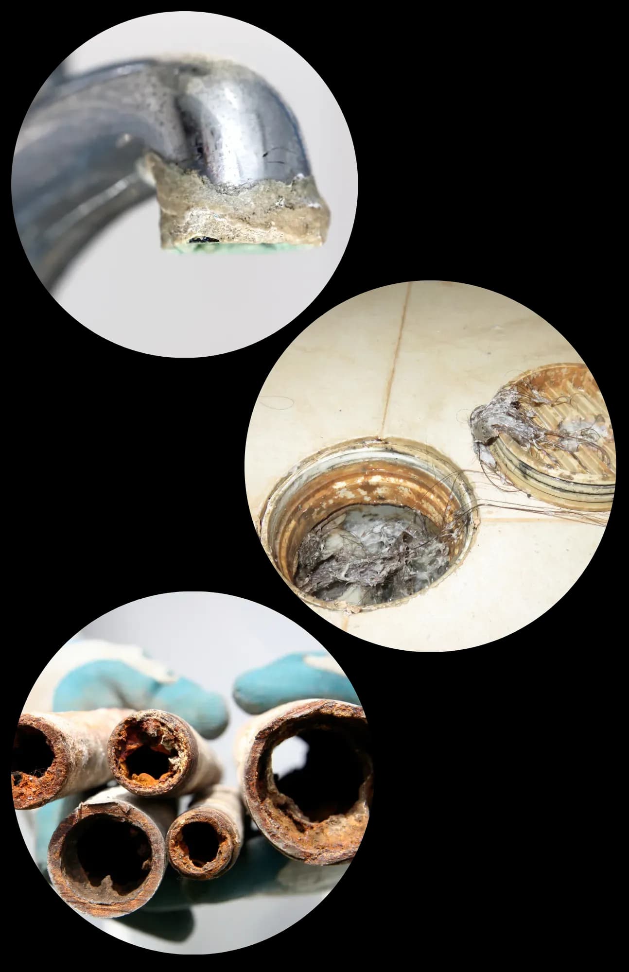 Collage of plumbing issues: a calcified faucet, a clogged floor drain filled with debris, and several rusted, corroded pipes, highlighting neglect.