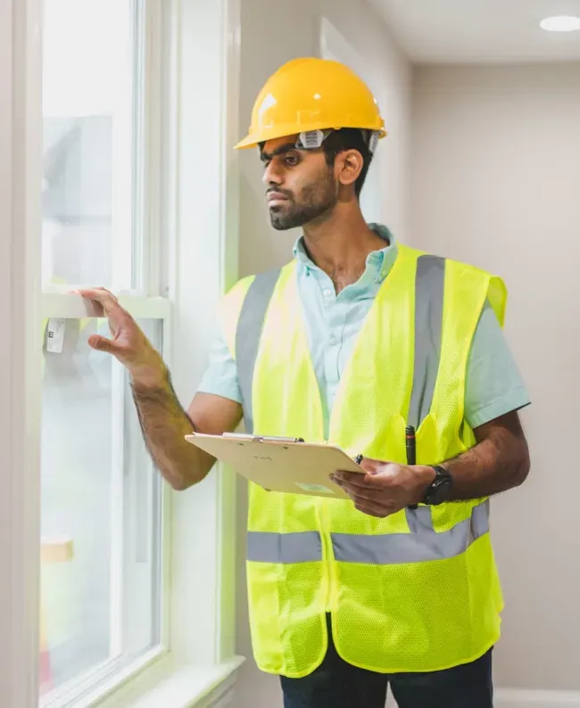 A man in a hard hat and reflective vest inspects a window indoors, holding a clipboard and pen, conveying focus and professionalism.
