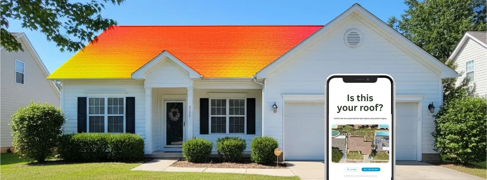 A suburban house with a vibrant, gradient orange and red roof, symbolizing heat mapping. A smartphone shows a roof inspection app, suggesting digital analysis.