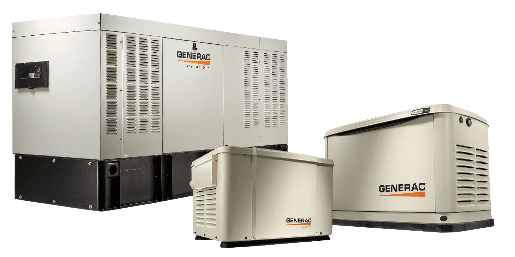 Three beige Generac generators of varying sizes are displayed in a white space, showcasing their compact, robust design. The scene conveys reliability.