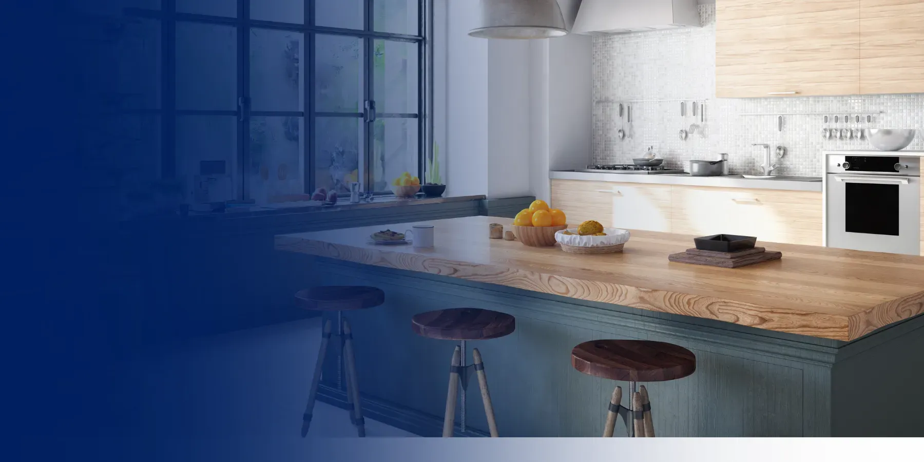 Modern kitchen with a wooden island, three stools, and a window with soft natural light. Minimalist decor includes a bowl of oranges and kitchenware.