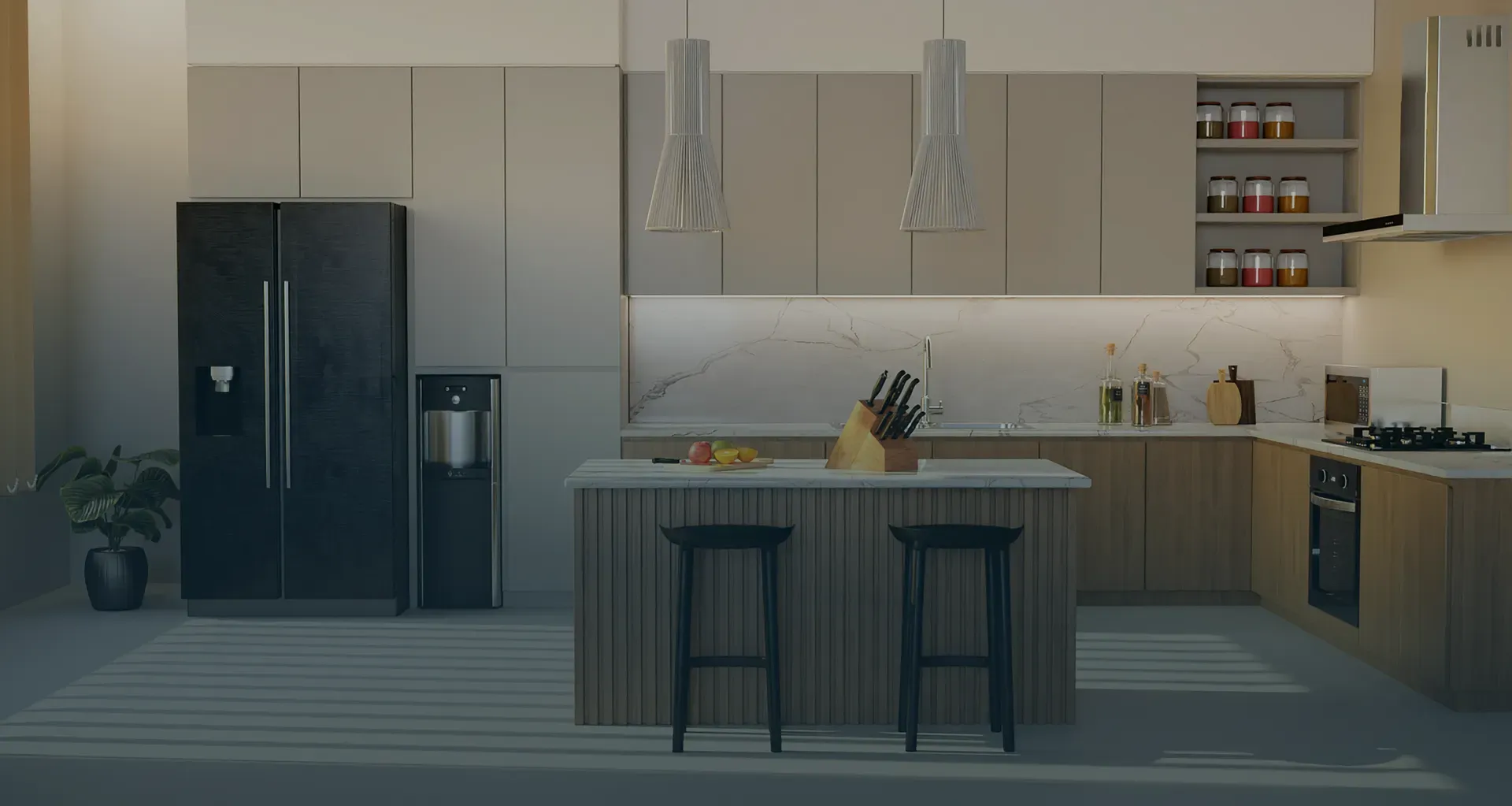 Modern kitchen with neutral tones, featuring a sleek fridge, island with bar stools, pendant lights, and shelves with jars adding a cozy feel.