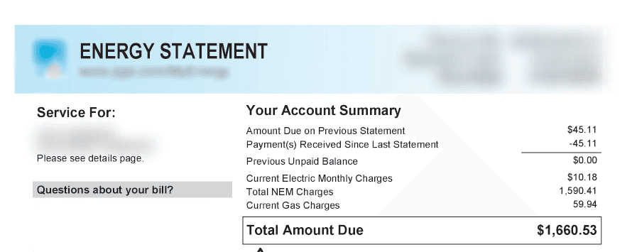 Alt text: "Energy statement with account summary detailing charges. Total amount due is $1,660.53, including electric, NEM, and gas charges."