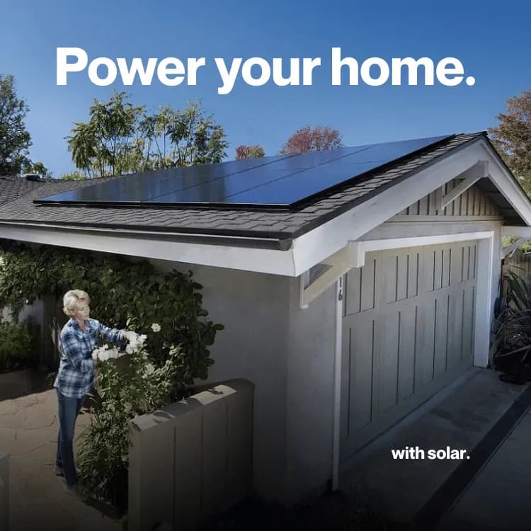 A house with solar panels on the roof, surrounded by greenery. A person tends to flowers in the garden. Text reads, "Power your home with solar."