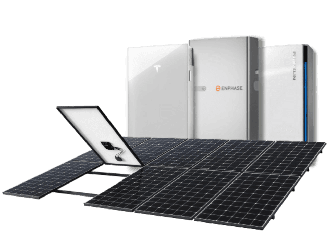 A row of sleek solar panels with reflective surfaces, positioned in front of three modern battery storage units from Tesla, Enphase, and another brand, on a black background. The image conveys innovation in renewable energy solutions.