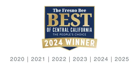 "The Fresno Bee Best of Central California 2024 Winner badge. The design is blue with gold accents. Years listed below include 2020 to 2025."