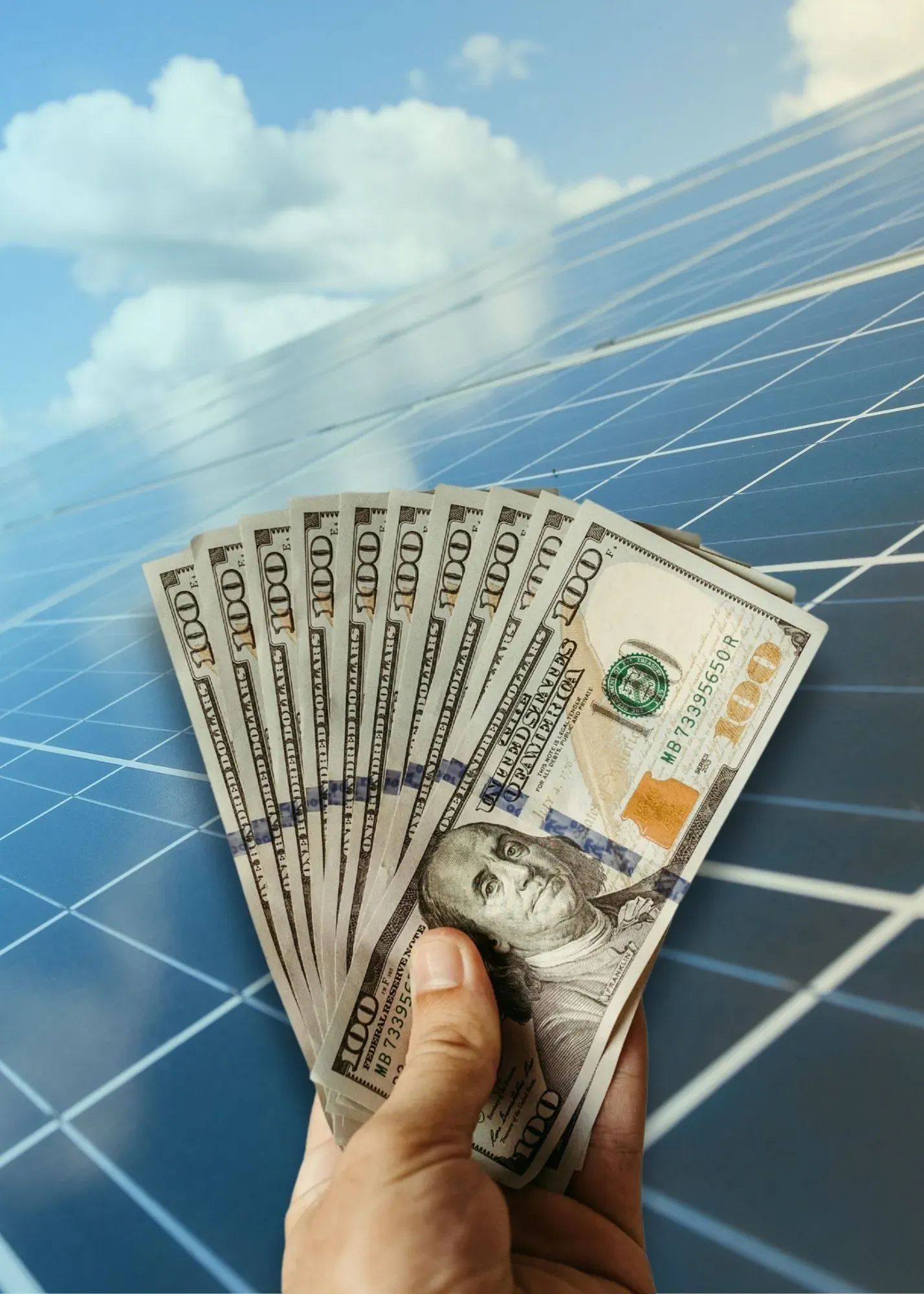 A hand holds a fan of US $100 bills against a backdrop of solar panels under a blue sky with clouds, symbolizing renewable energy investment.