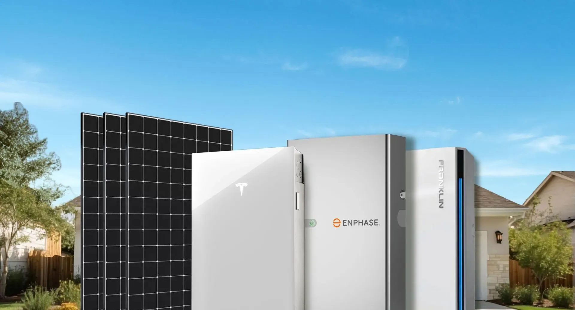 Solar panels and battery units from Tesla, Enphase, and Franklin are displayed with houses and a clear blue sky as the backdrop, evoking clean energy.