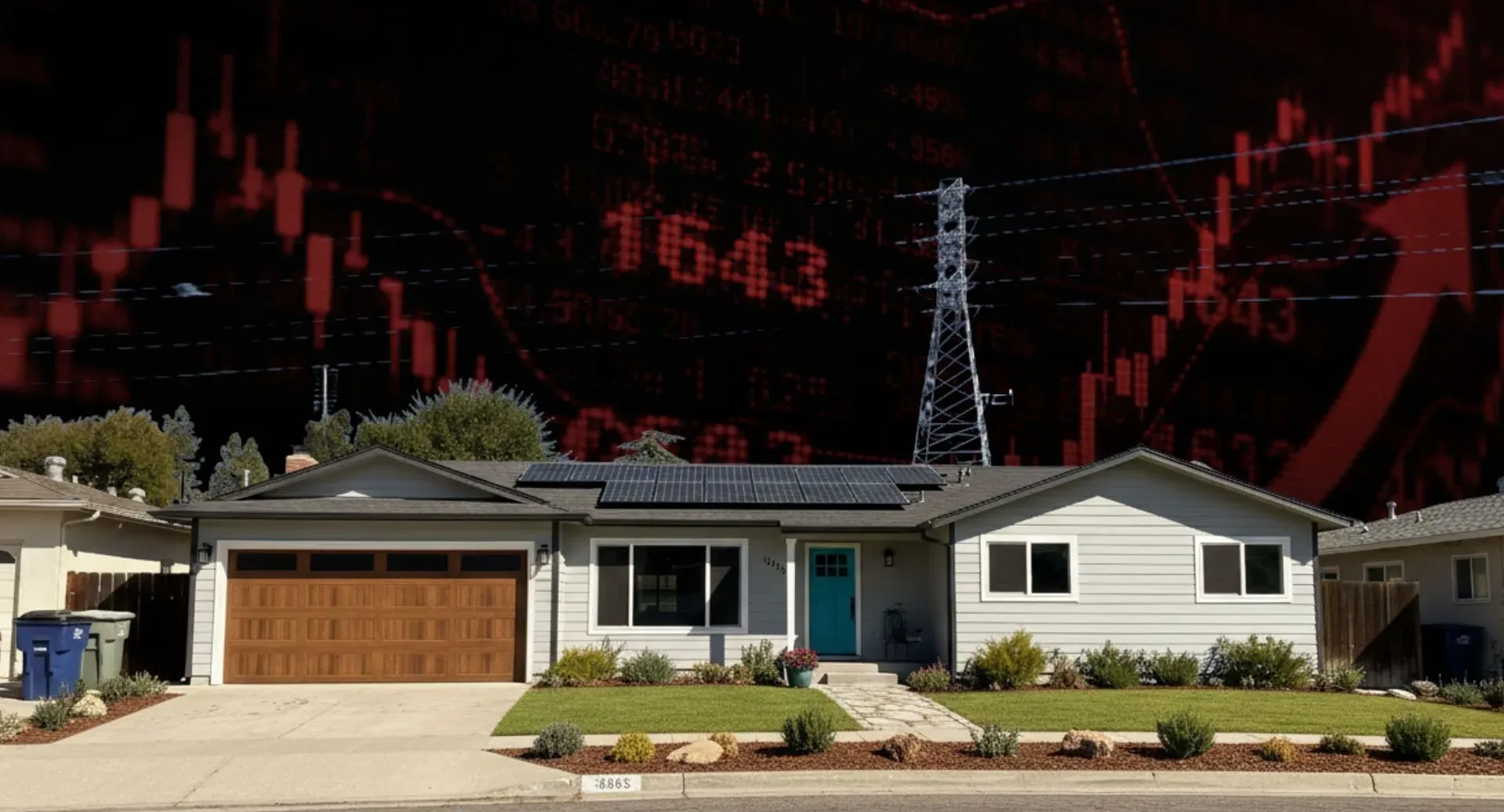 Suburban house with solar panels under a cloudy stock market graph sky, merging residential calm with the tense, fluctuating stock numbers in red.