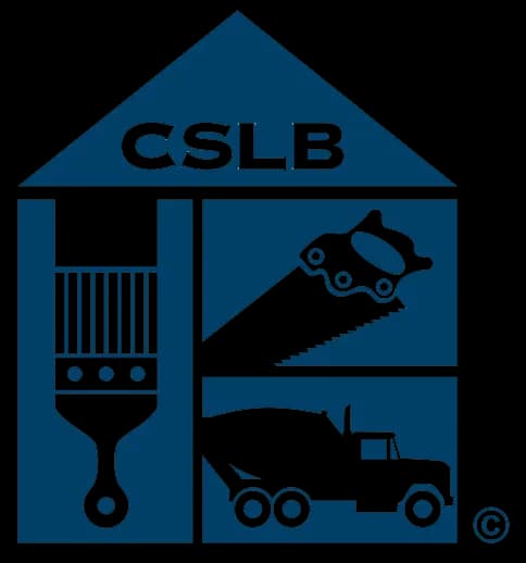 A blue logo shaped like a house with "CSLB" on top. Inside are a paintbrush, saw, and cement truck, symbolizing construction and craftsmanship.