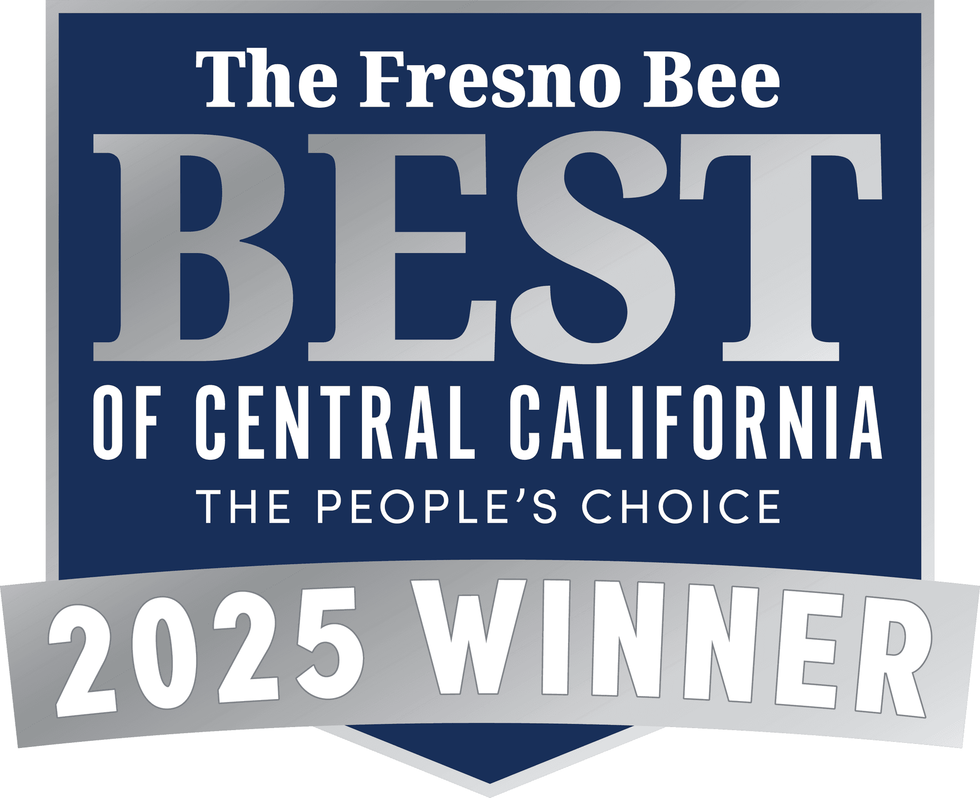 Shield-shaped logo with "The Fresno Bee Best of Central California, The People's Choice" in white letters on a blue background. "2025 Winner" in bold silver at the bottom.