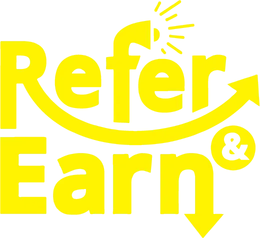 Yellow text on a black background says, "Refer & Earn" with an arrow. A megaphone above emits lines, suggesting promotion and excitement.
