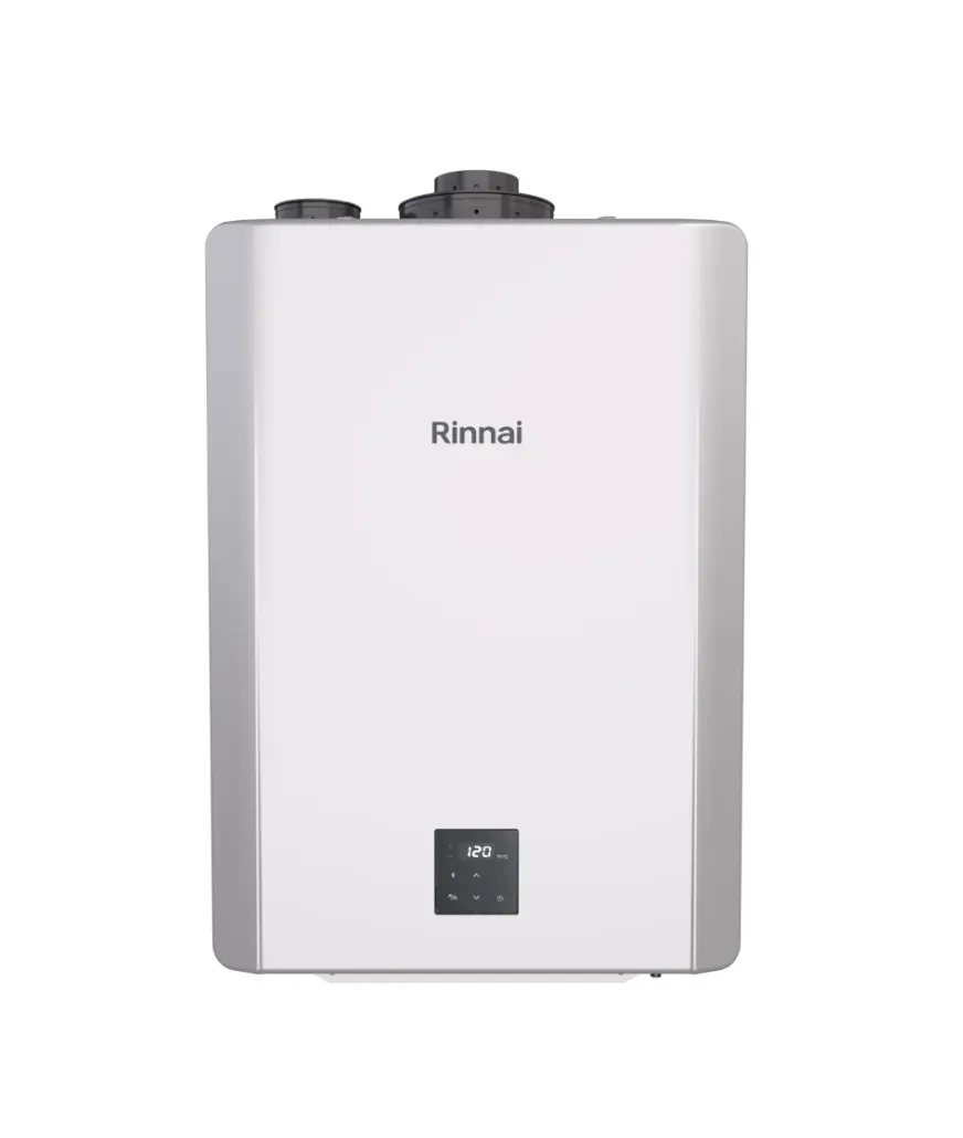 Modern tankless water heater with a sleek white finish, digital control panel displaying "120°F." The Rinnai logo is centered on the front.