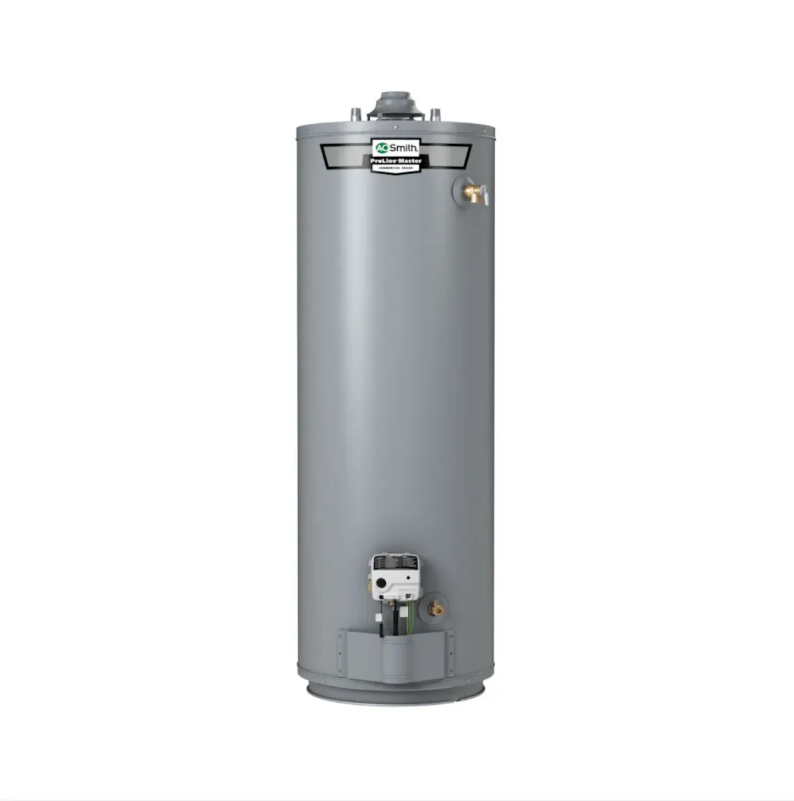 Tall gray water heater with a round top and bottom, featuring a control panel and piping. The brand logo is visible near the top.