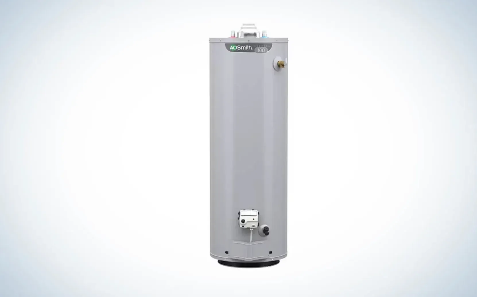 Tall, cylindrical gray water heater against a white background. Features a small control panel at the base and labeled "AO Smith" at the top.