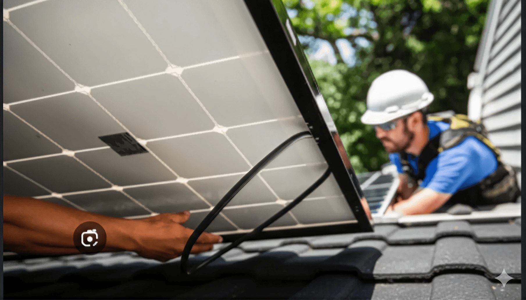 A worker in a blue shirt and helmet installs a solar panel on a sunny day. Hands hold the panel, and the focus is on clean energy installation.