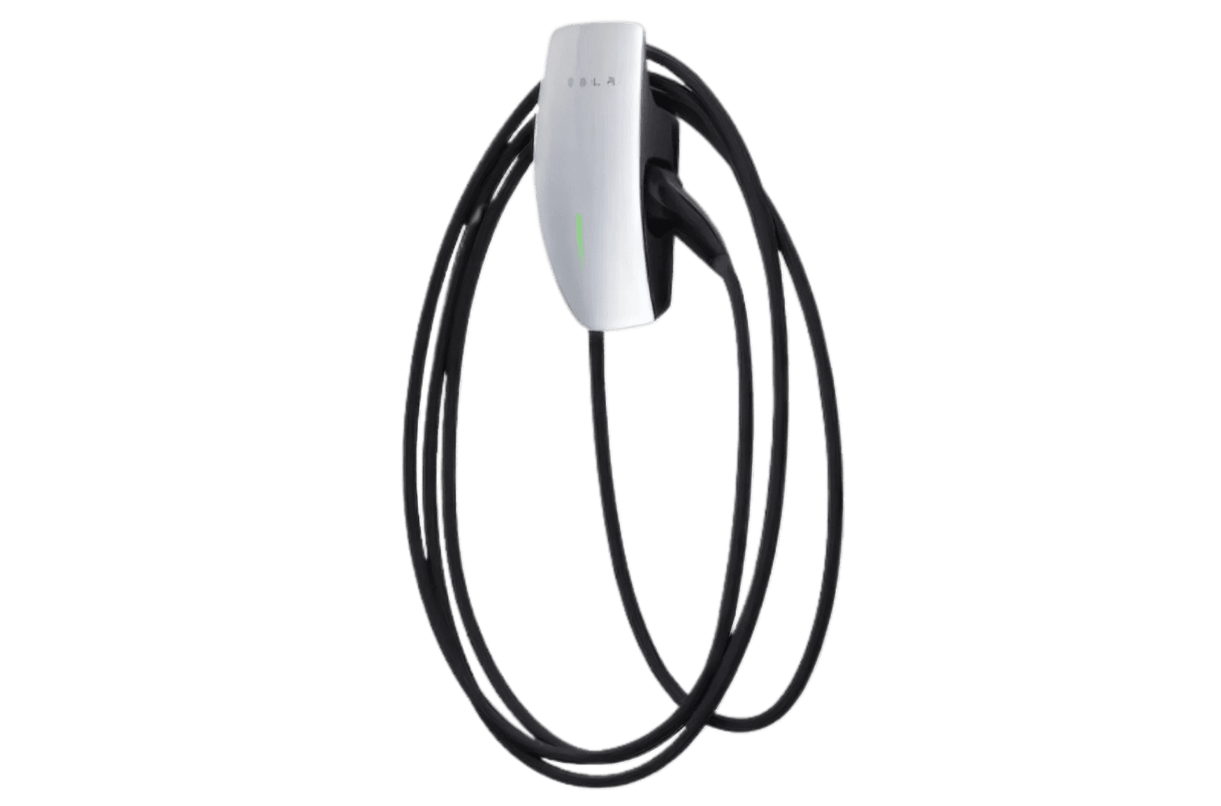 A sleek, white electric car charger with a coiled black cable, set against a solid black background, conveying modernity and technological sophistication.