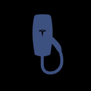 A blue silhouette of a Tesla EV charger with a cord and logo against a black background, conveying a sleek and modern design.