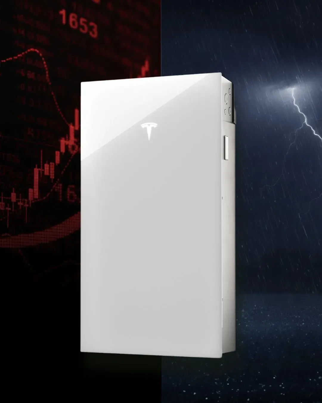 A sleek, white rectangular device with a Tesla logo is centered. Left side features red financial graphs, right side has a dark, stormy sky with lightning.