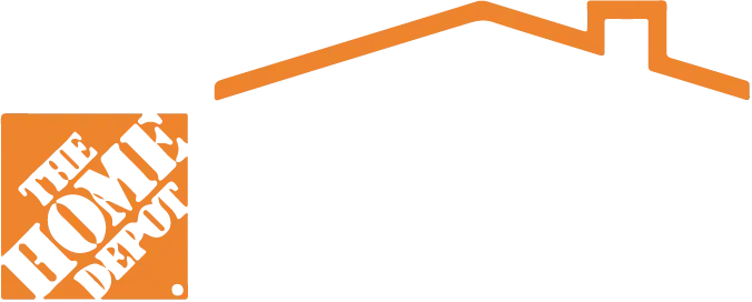 The image displays a logo for The Home Depot Home Services. It features an orange house roof graphic above bold white text on a black background.