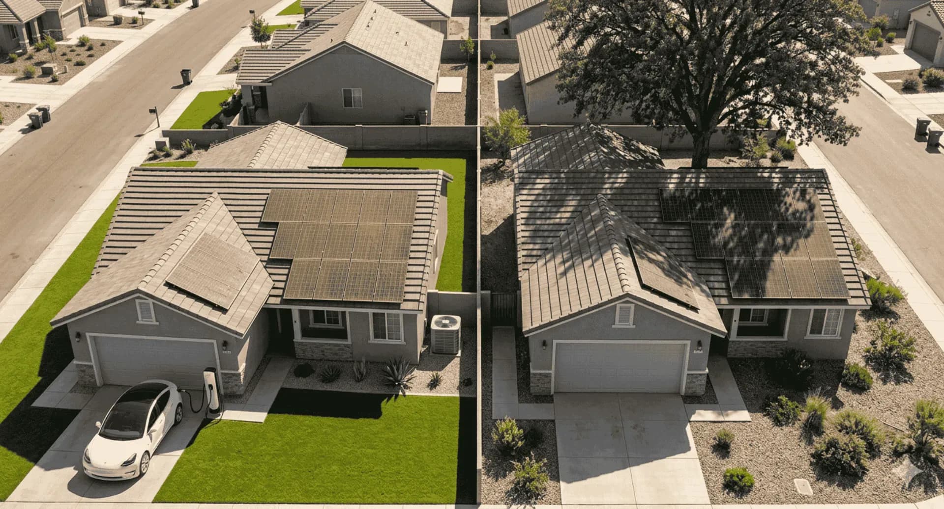 Aerial view of two suburban houses; the left one has solar panels and a white car in the driveway, on vibrant green grass. The right house has a large tree casting shadows on a gravel garden.