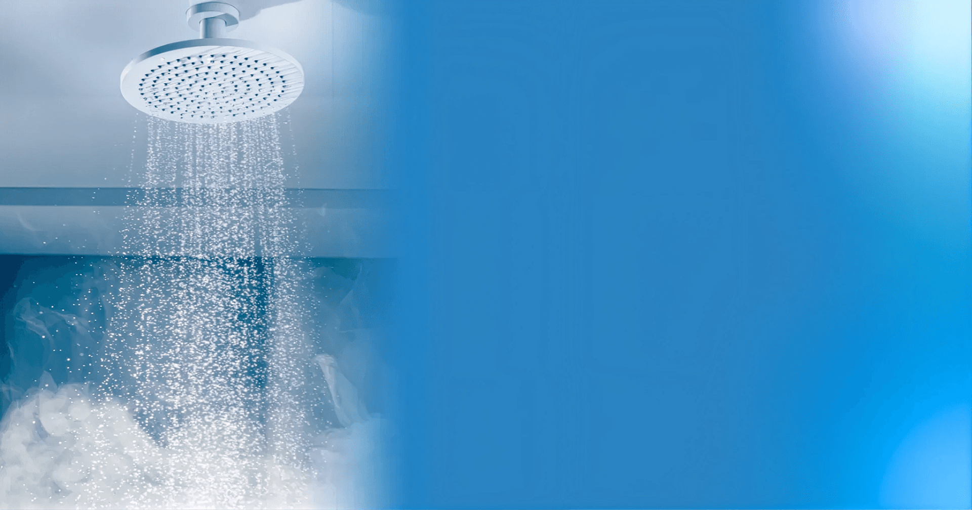 A showerhead releases a cascade of sparkling water droplets over steam in a bathroom, set against a blue gradient background. The scene is calming and refreshing.