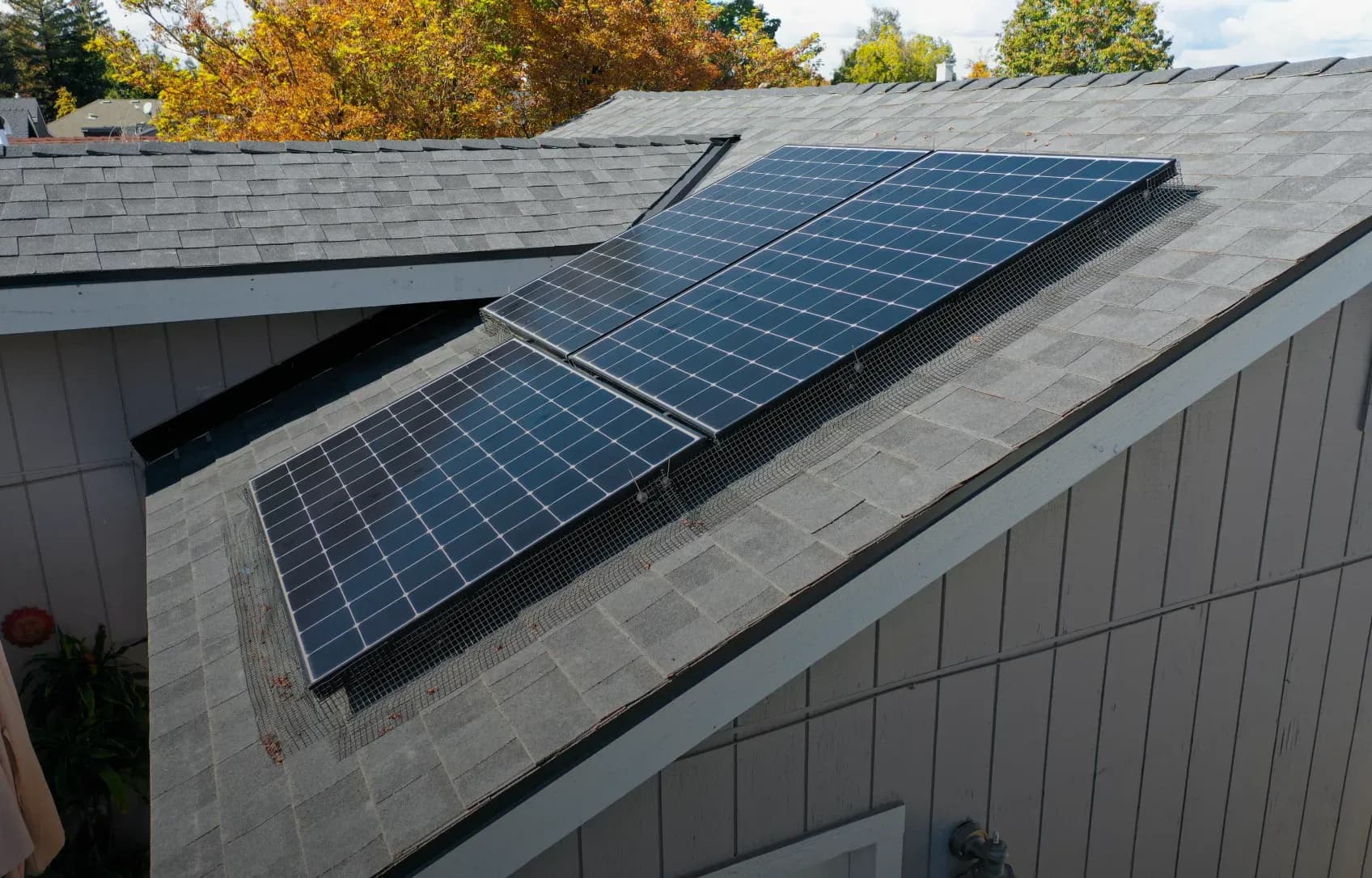 A rooftop with solar panels on gray shingles, surrounded by trees with autumn leaves. The panels are angled, capturing sunlight efficiently.