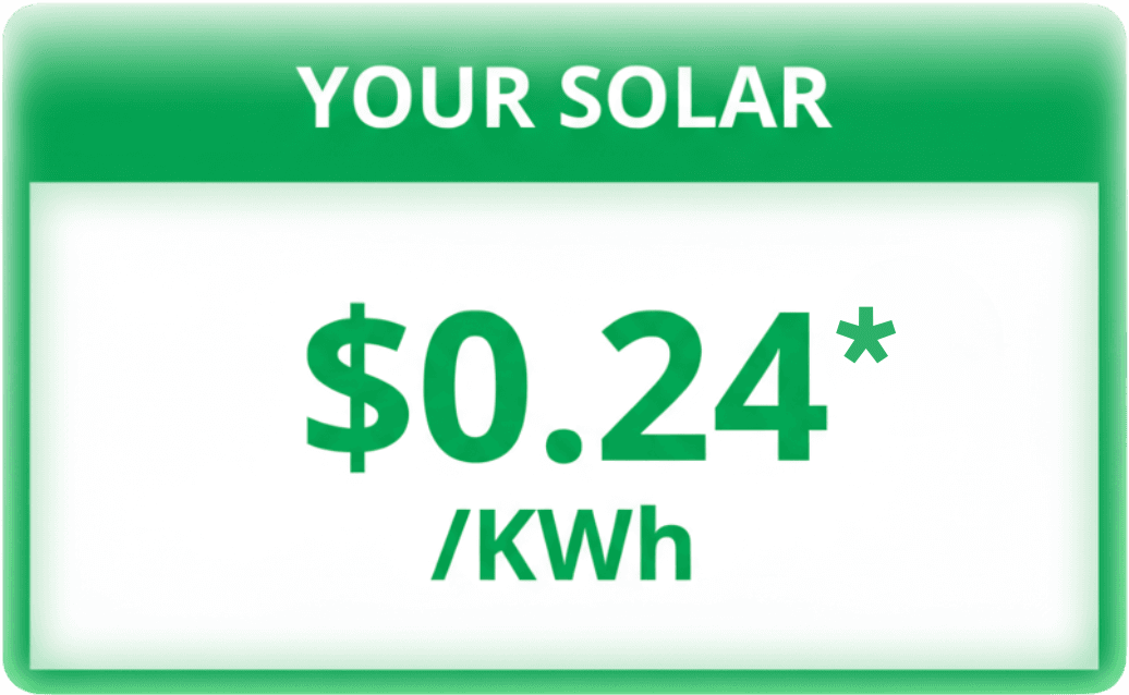 Green and white sign displaying "YOUR SOLAR" at the top. Below, it shows the rate "$0.24*/KWh" in large green text, indicating solar energy pricing.